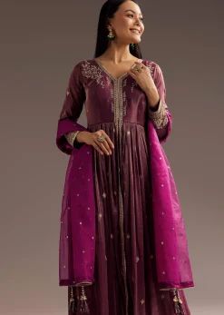 Wine Zardosi Sequins Anarkali Pant Dupatta Set
