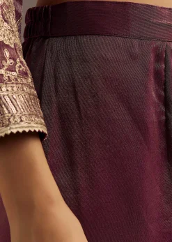 Wine Zardosi Sequins Anarkali Pant Dupatta Set