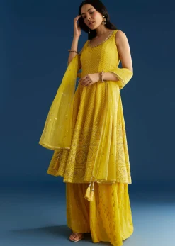 Yellow A Line Georgette Kurta Palazzo Suit