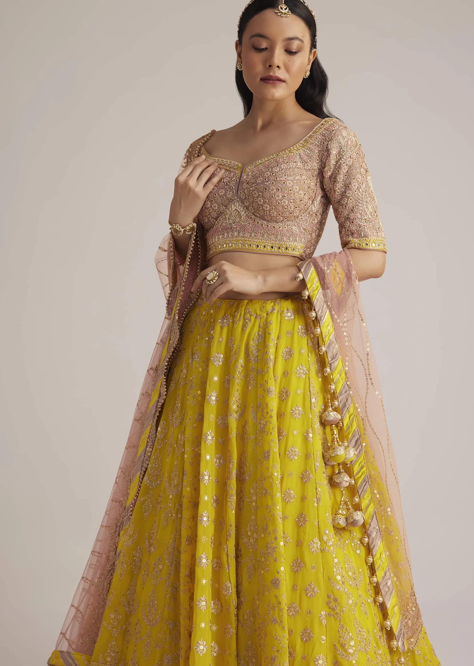 Yellow and Mauve Embroidered Lehenga Set With Net Dupatta
