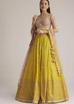 Yellow and Mauve Embroidered Lehenga Set With Net Dupatta