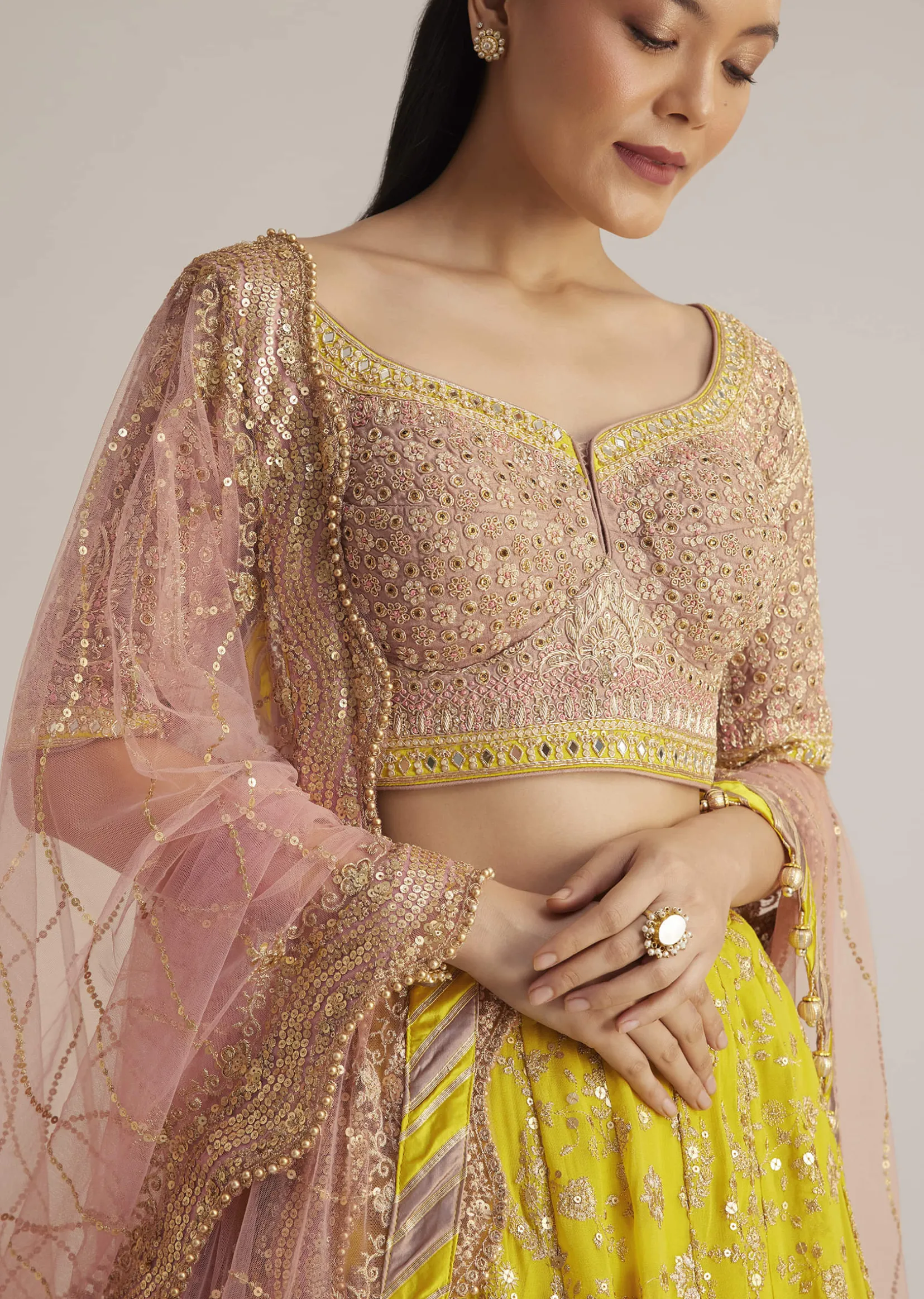 Yellow and Mauve Embroidered Lehenga Set With Net Dupatta