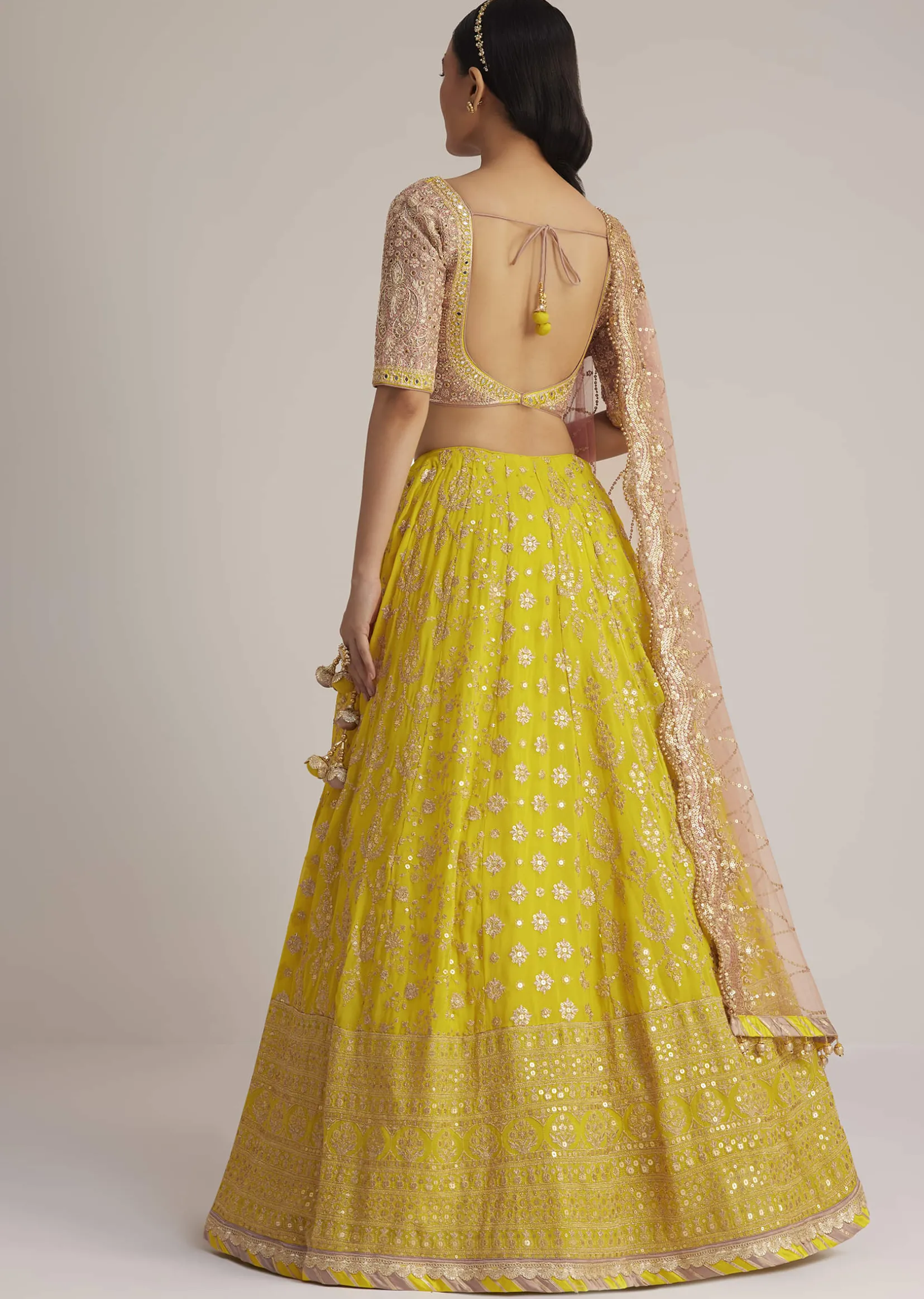 Yellow and Mauve Embroidered Lehenga Set With Net Dupatta