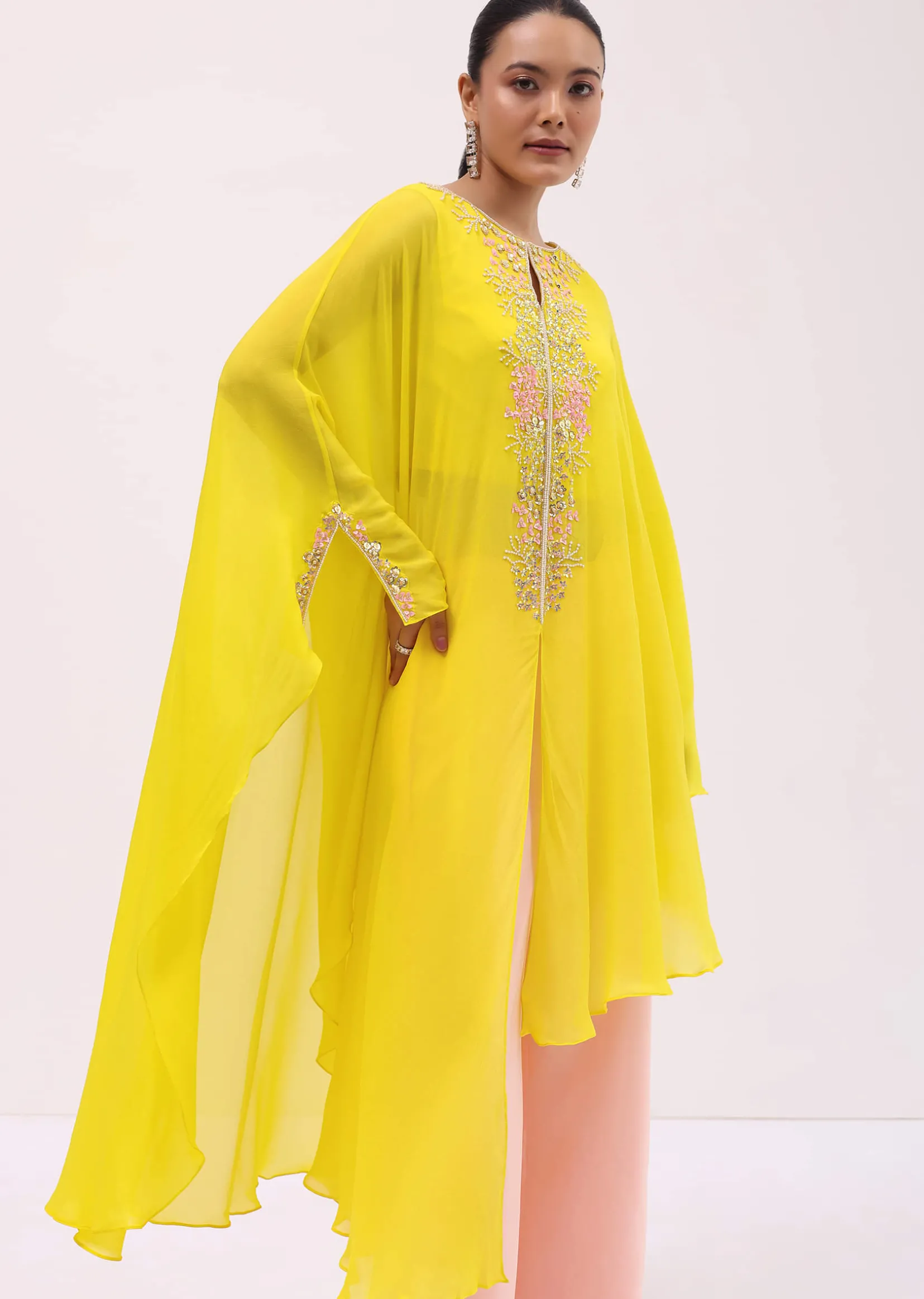 Yellow And Peach Georgette Kurta Palazzo