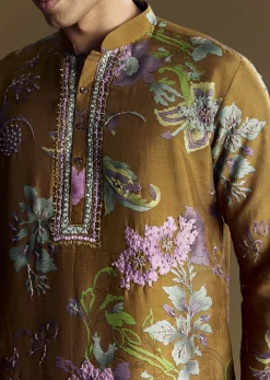 Yellow Art Silk Kurta Set With Mirror And French Knot Embroidery