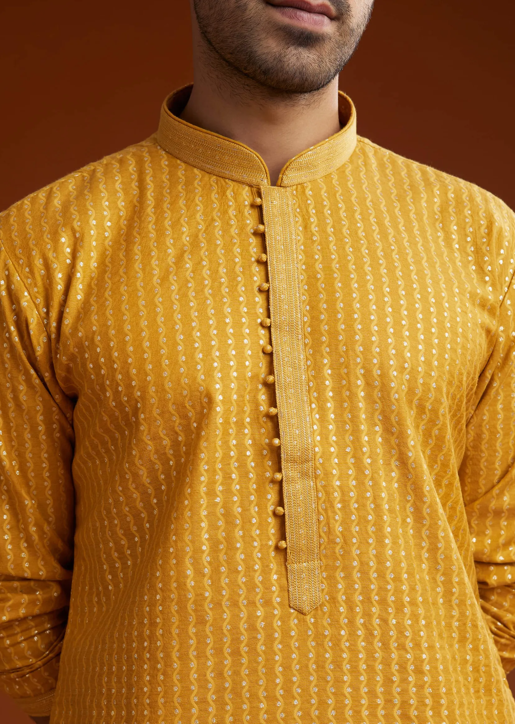 Yellow Banarasi Silk Kurta Pant Set