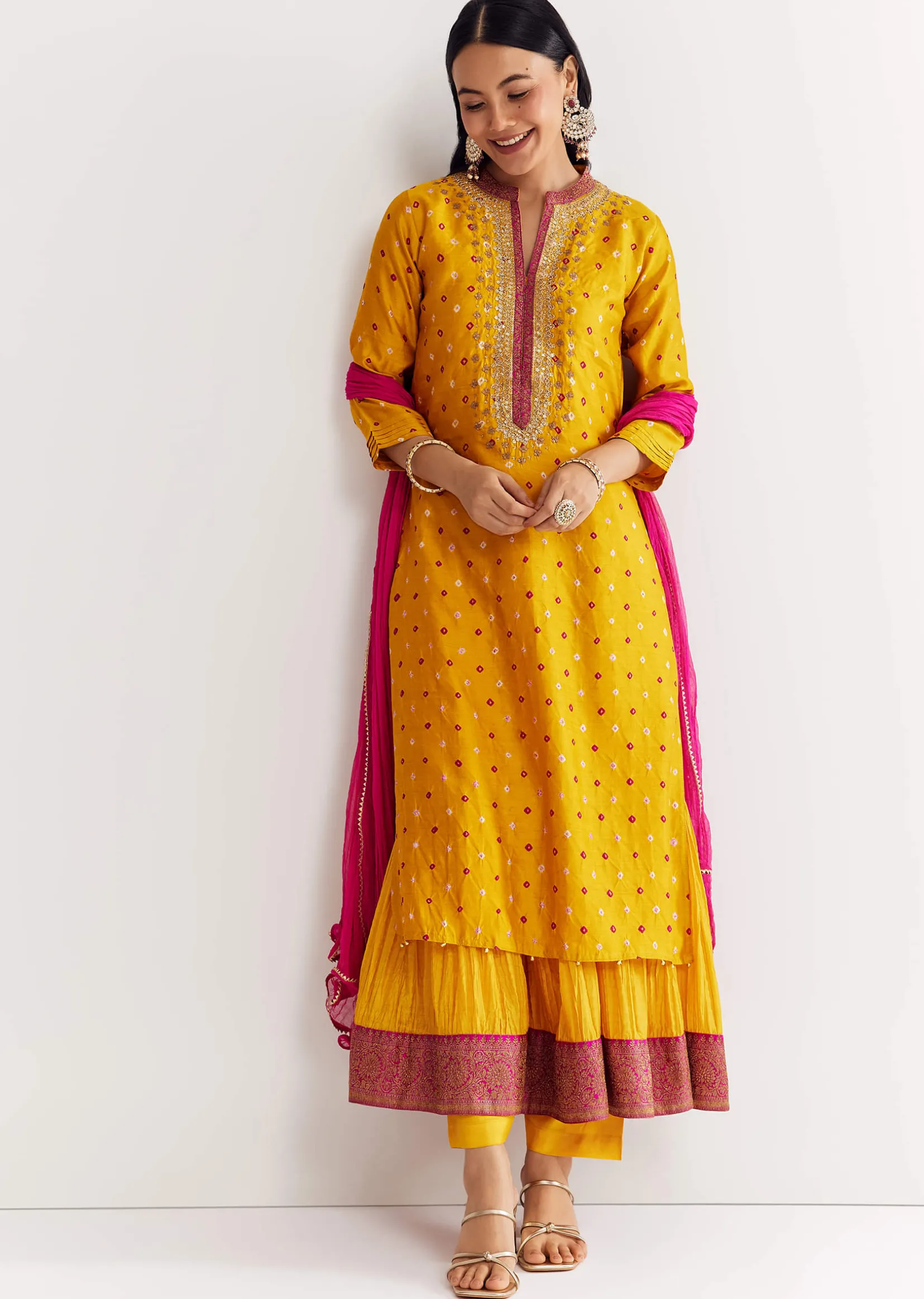 Yellow Bandhani Kurta Set With Pink Dupatta