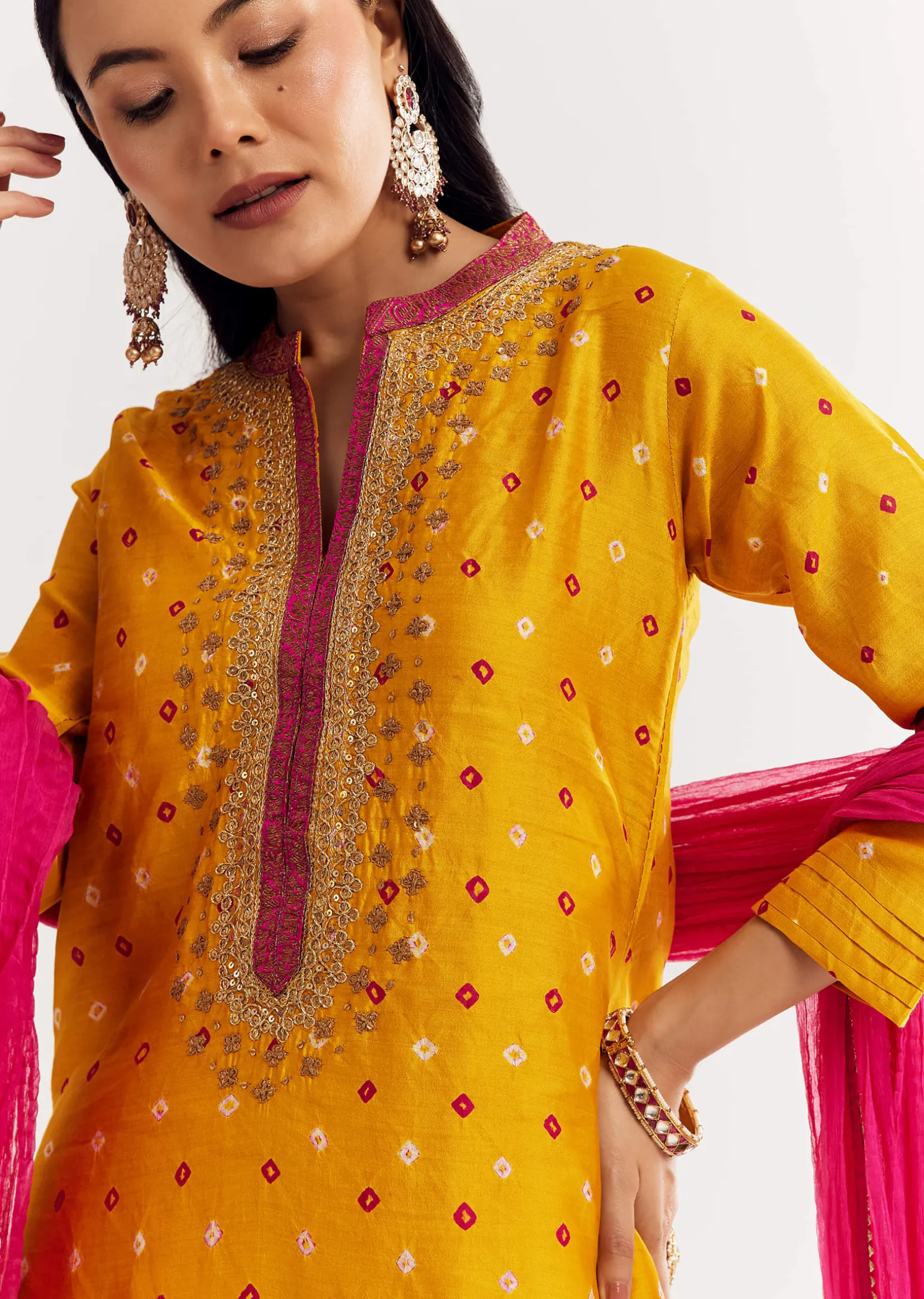 Yellow Bandhani Kurta Set With Pink Dupatta