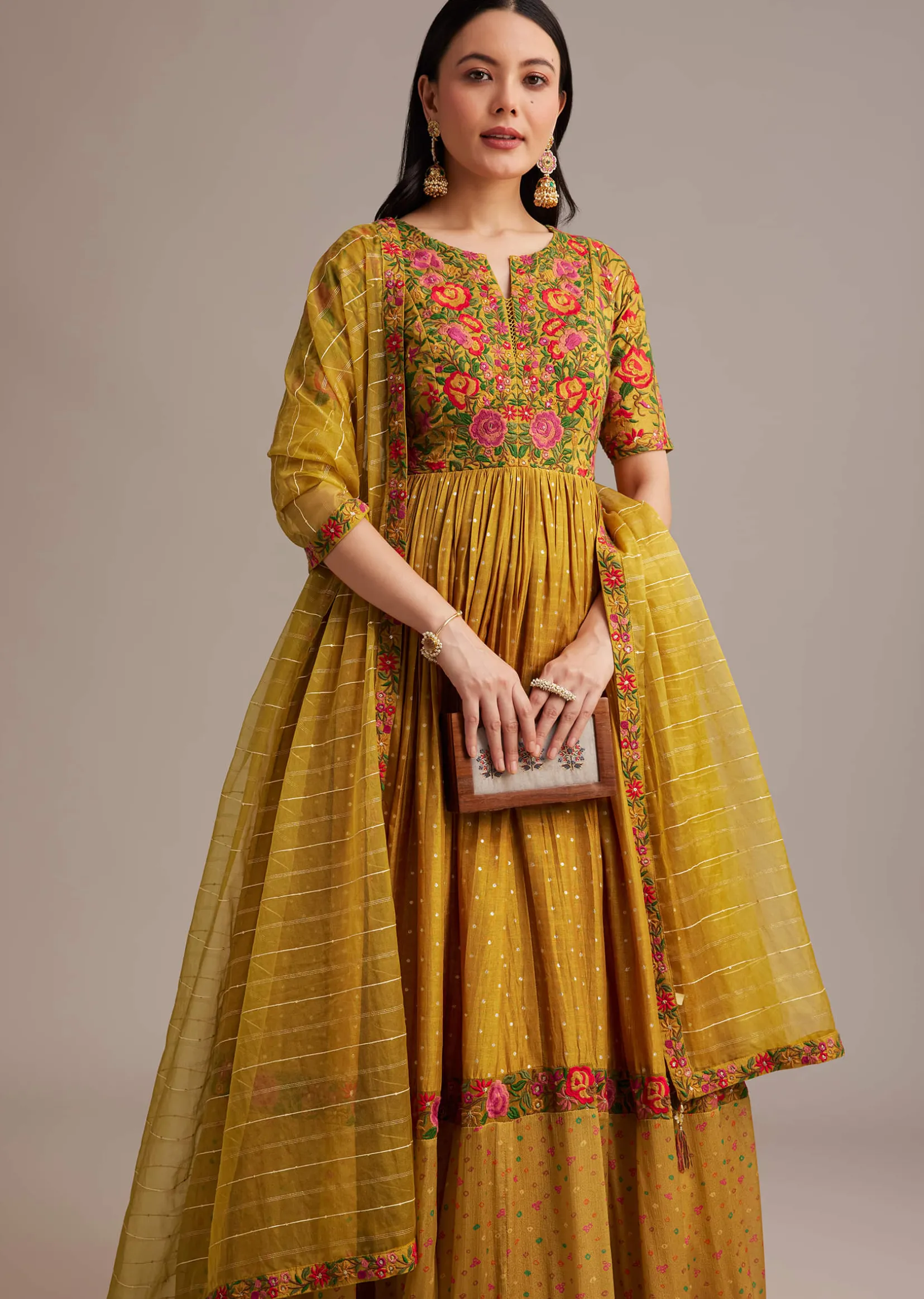 Yellow Bandhani Print Anarkali Set With Thread And Butti Work
