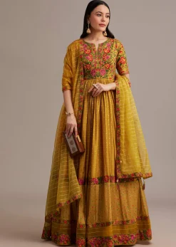 Yellow Bandhani Print Anarkali Set With Thread And Butti Work