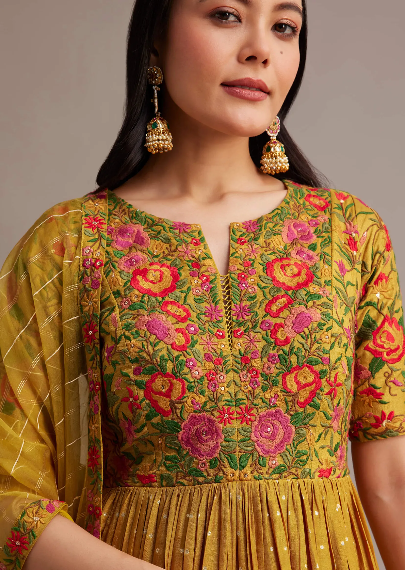 Yellow Bandhani Print Anarkali Set With Thread And Butti Work