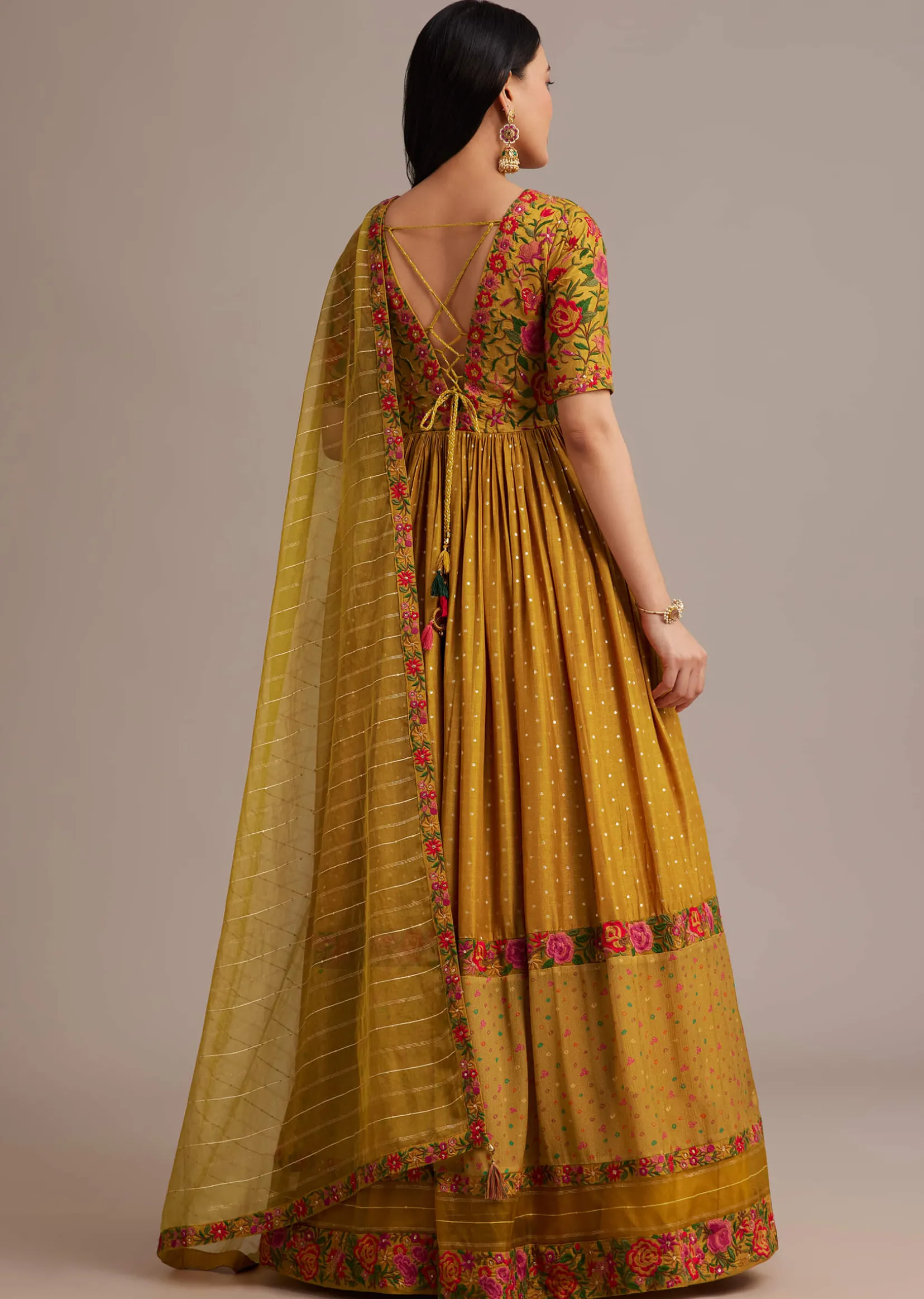 Yellow Bandhani Print Anarkali Set With Thread And Butti Work