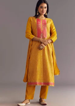 Yellow Bandhani Print Dola Silk Zardosi Kurta Set With Dupatta