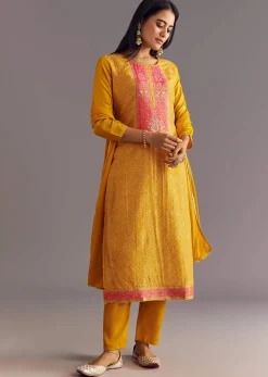 Yellow Bandhani Print Dola Silk Zardosi Kurta Set With Dupatta