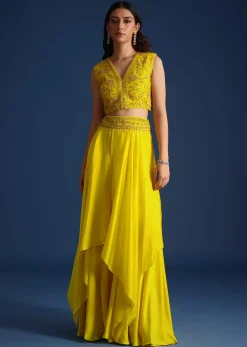 Yellow Bead Embroidered Jacket With Blouse And Skirt