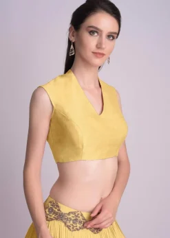 Yellow Blouse In Raw Silk With V Neckline