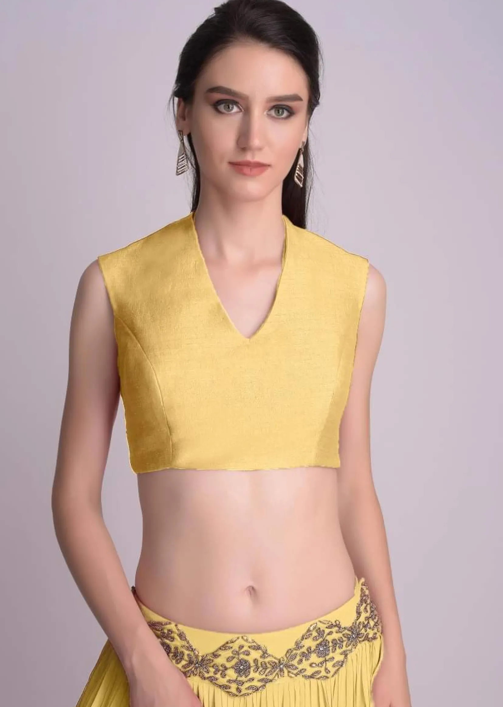 Yellow Blouse In Raw Silk With V Neckline