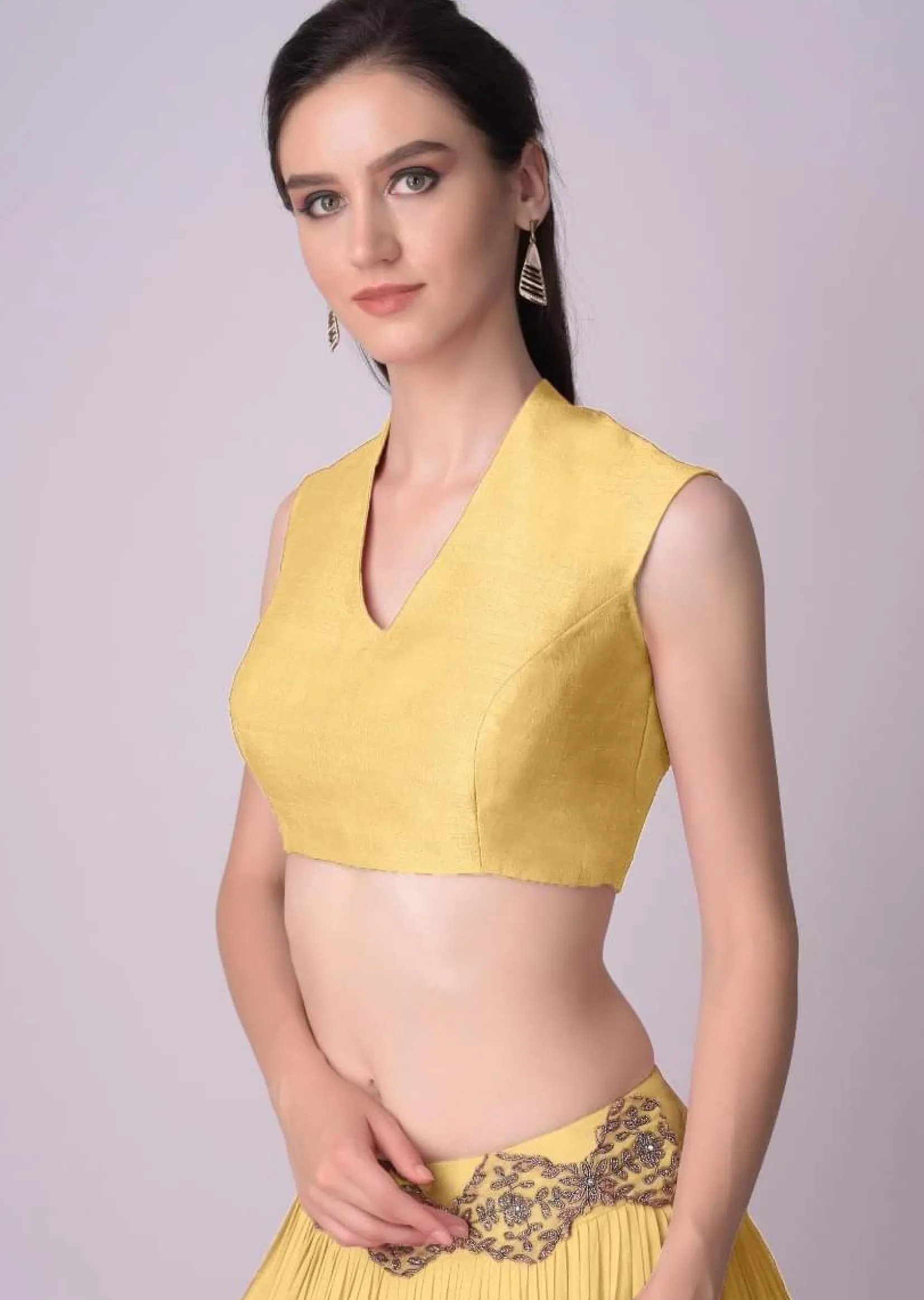 Yellow Blouse In Raw Silk With V Neckline