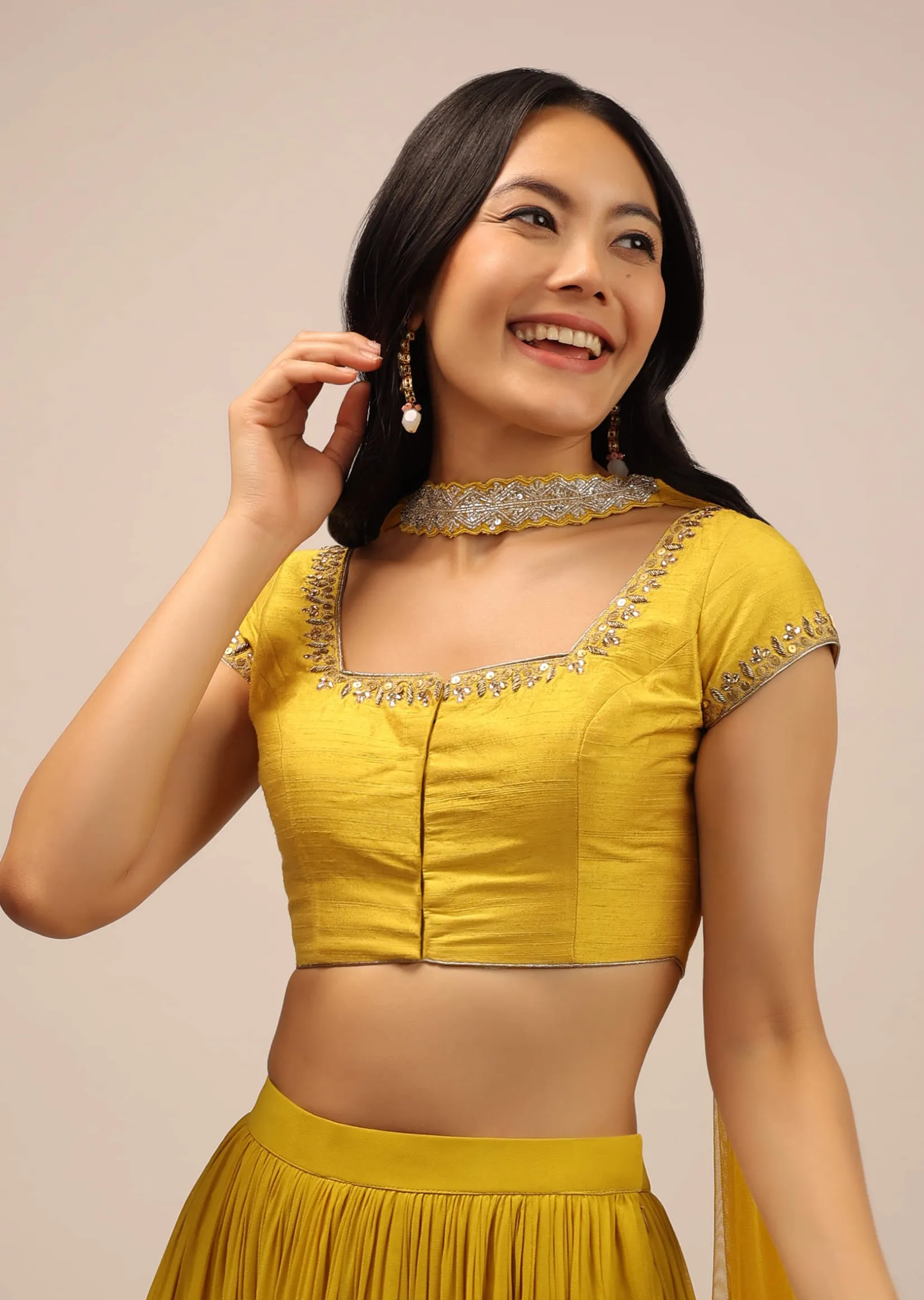 Yellow Blouse With Sequins, Stone And zardosi Work On The Neckline