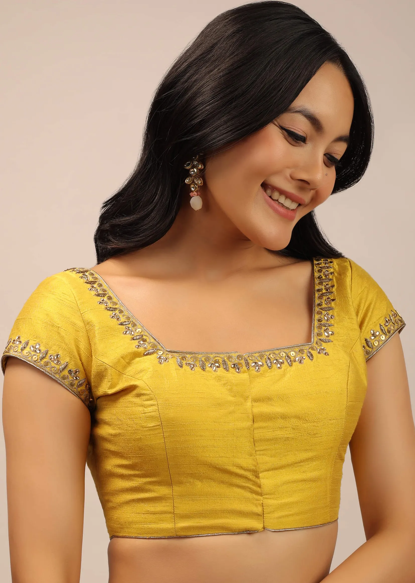 Yellow Blouse With Sequins, Stone And zardosi Work On The Neckline
