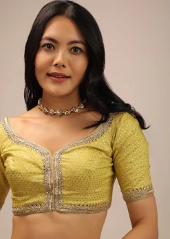 Yellow Brocade Blouse With Front Hook Closure, Half Sleeves And Gotta Patti Embroidery