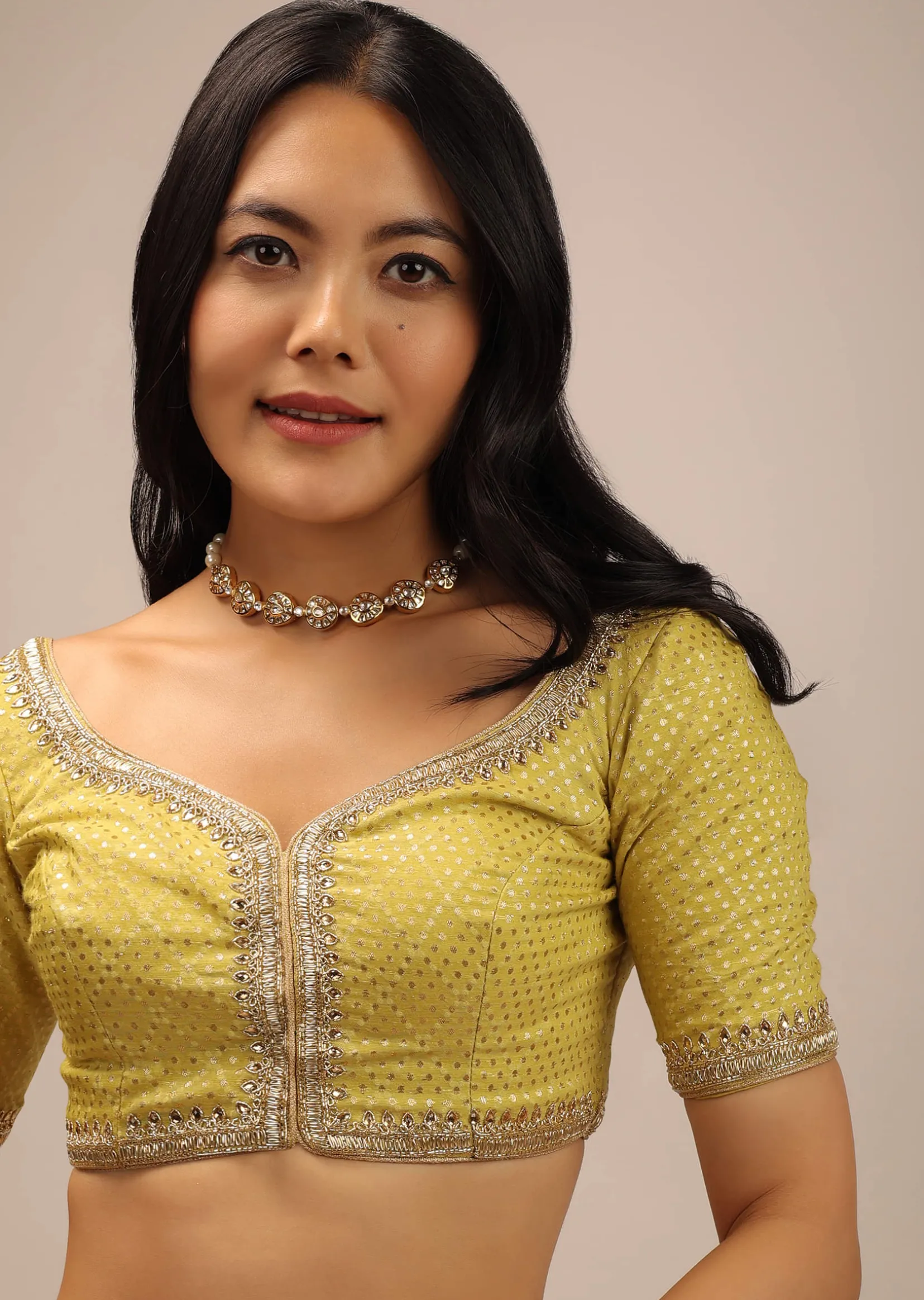 Yellow Brocade Blouse With Front Hook Closure, Half Sleeves And Gotta Patti Embroidery