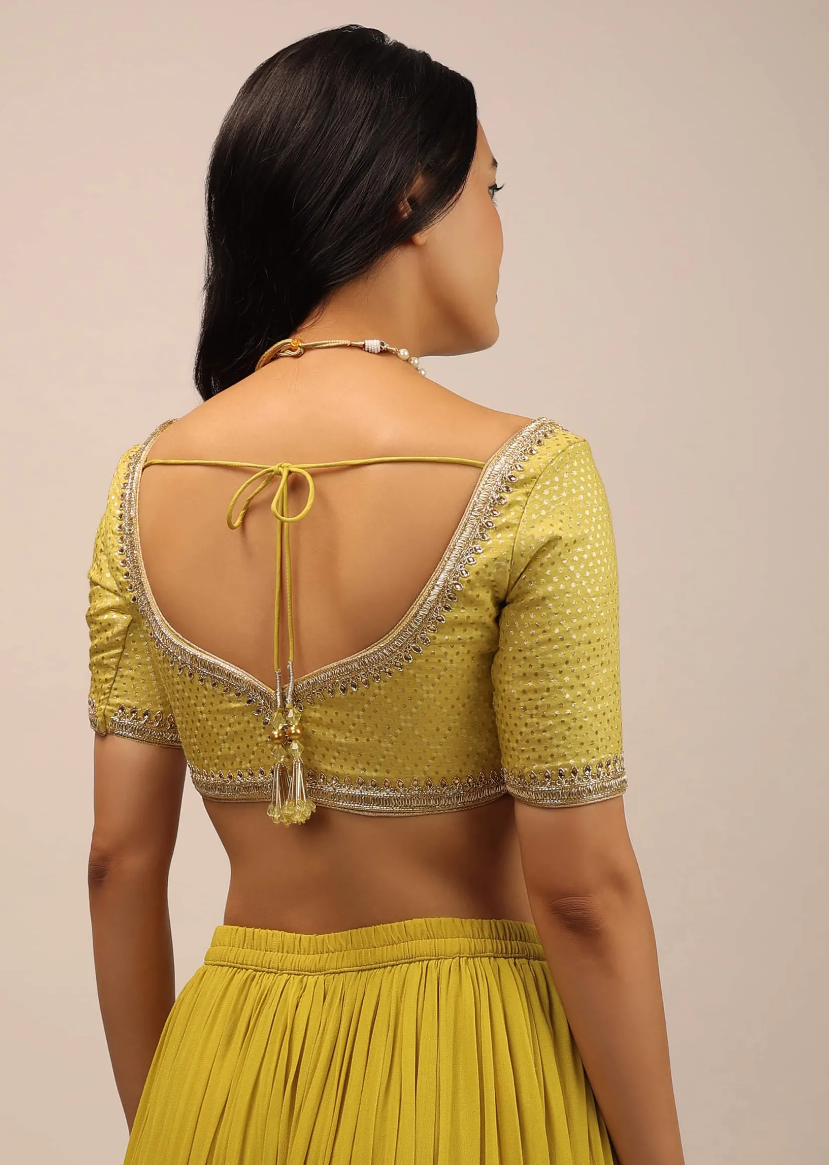 Yellow Brocade Blouse With Front Hook Closure, Half Sleeves And Gotta Patti Embroidery
