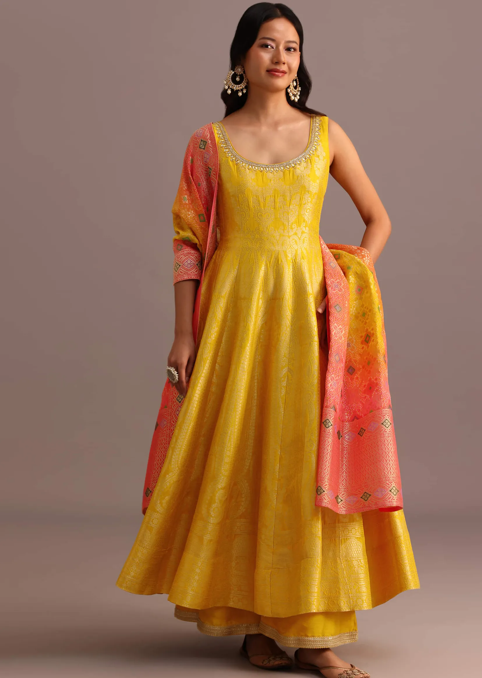 Yellow Brocade Weave Anarkali Set With Dupatta