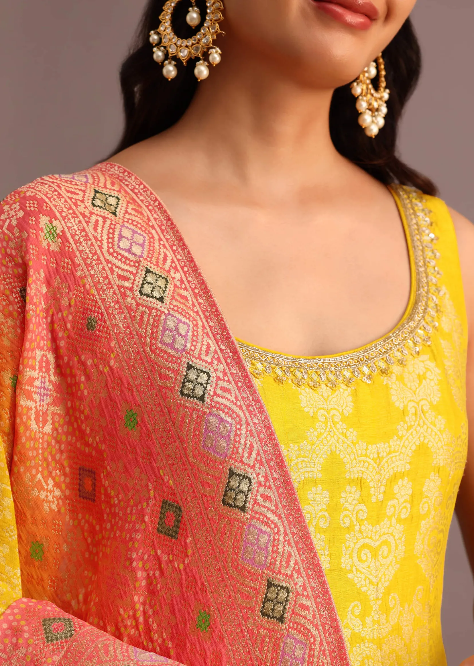 Yellow Brocade Weave Anarkali Set With Dupatta