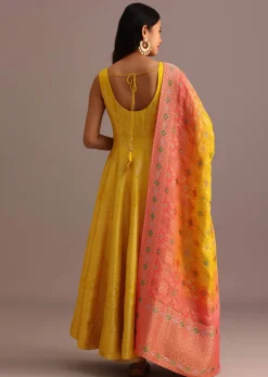 Yellow Brocade Weave Anarkali Set With Dupatta