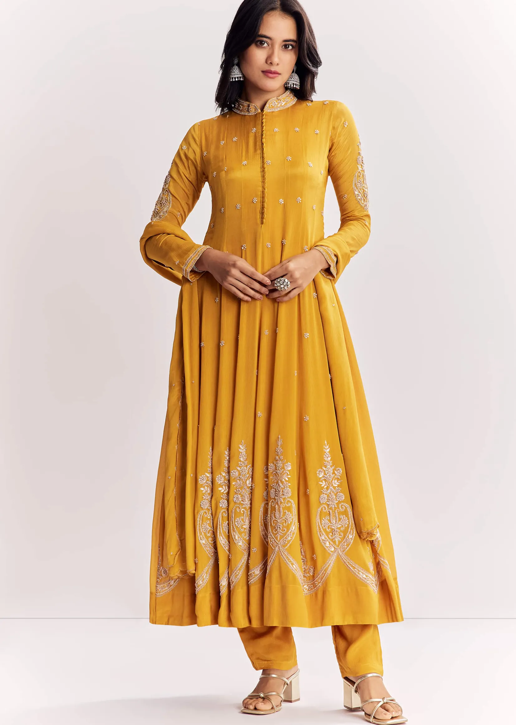 Yellow Chinon Anarkali Suit With Moti Sequins And Cutdana Dupatta
