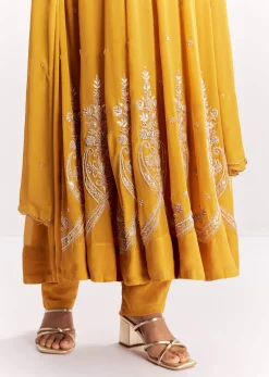 Yellow Chinon Anarkali Suit With Moti Sequins And Cutdana Dupatta