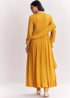 Yellow Chinon Anarkali Suit With Moti Sequins And Cutdana Dupatta