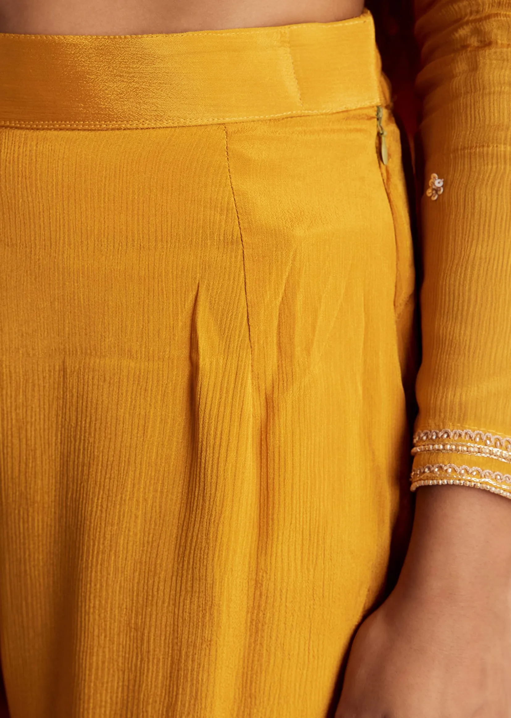Yellow Chinon Anarkali Suit With Moti Sequins And Cutdana Dupatta