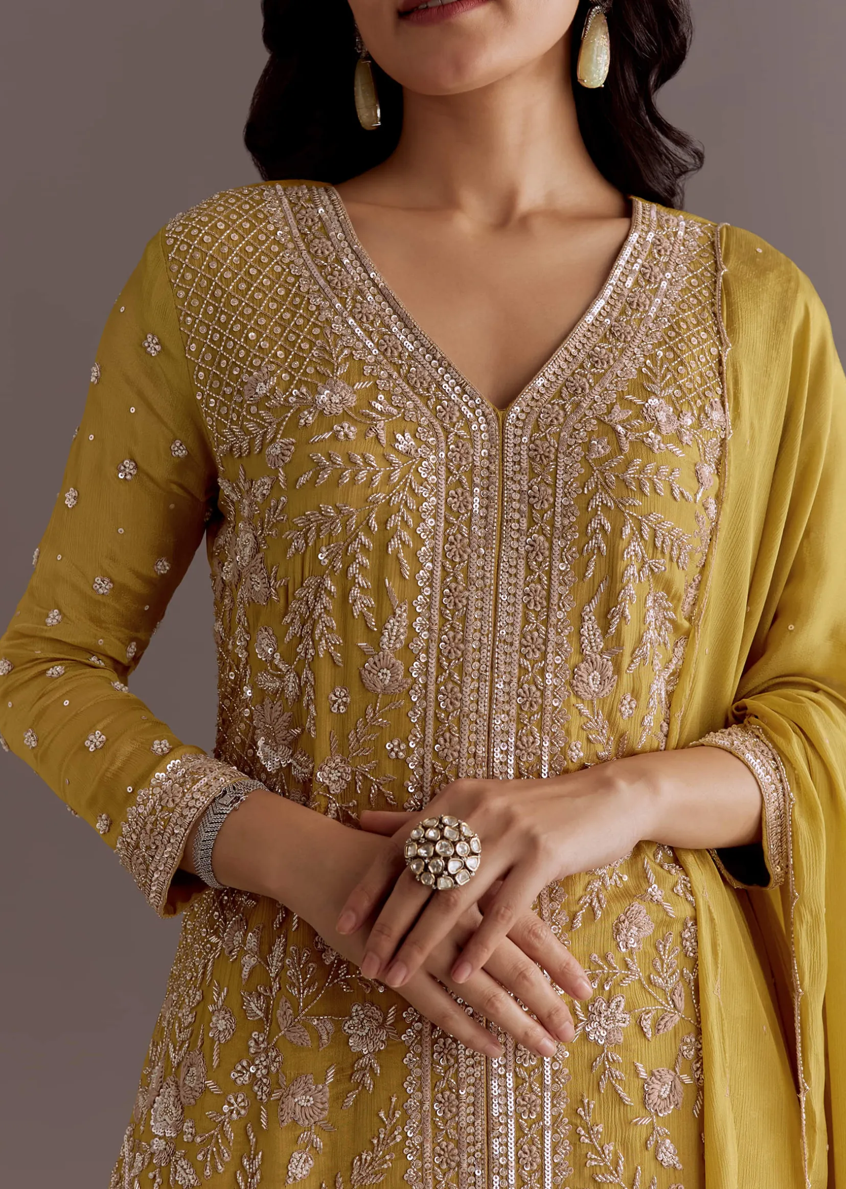 Yellow Chinon Embroidered Kurta Palazzo Suit With Dupatta