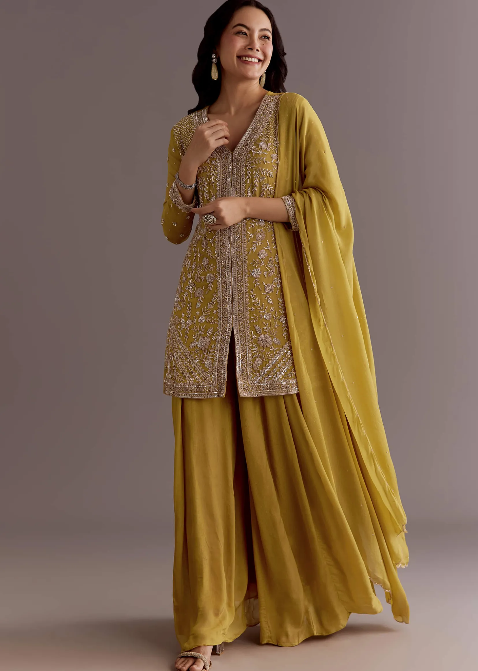 Yellow Chinon Embroidered Kurta Palazzo Suit With Dupatta