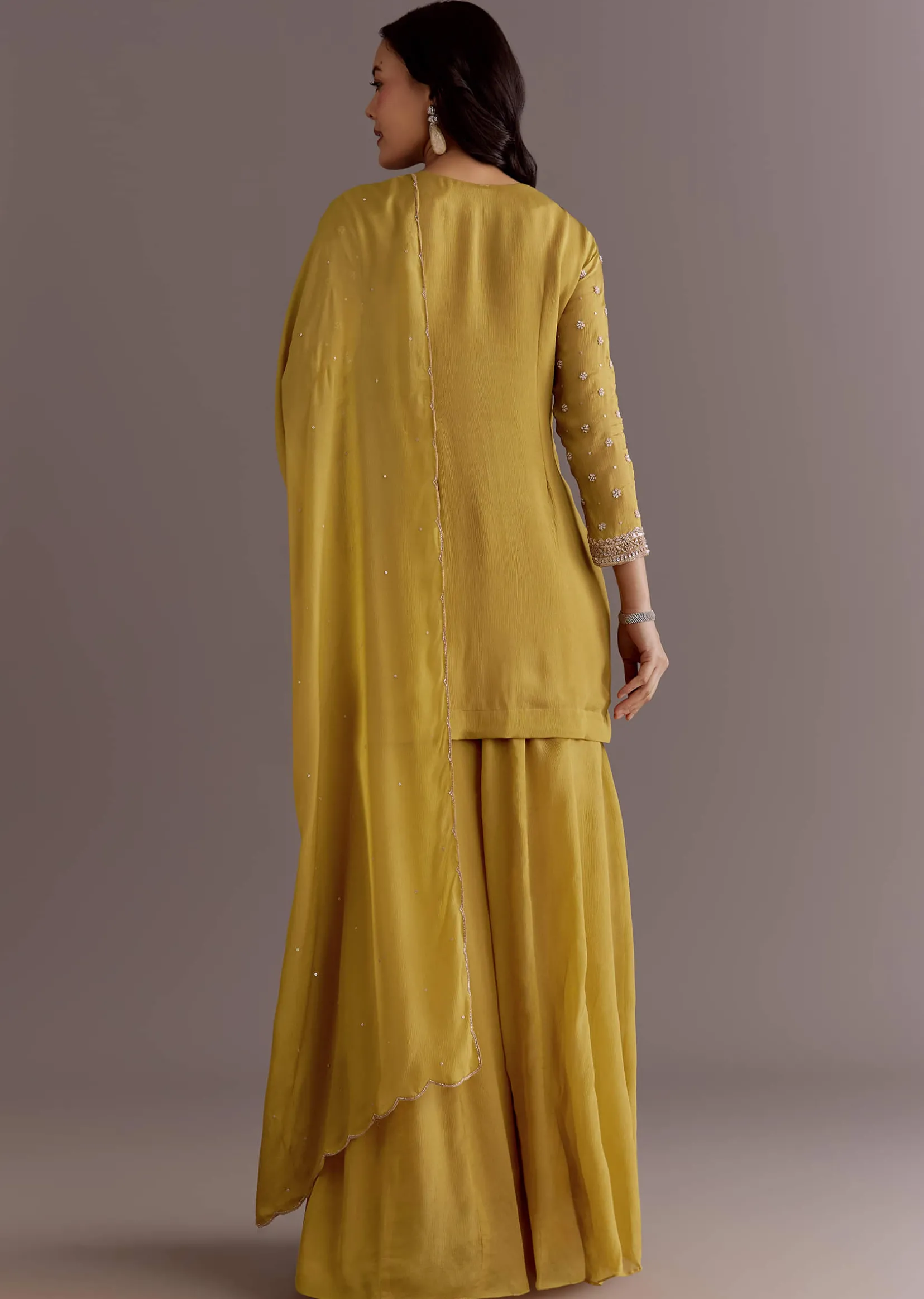 Yellow Chinon Embroidered Kurta Palazzo Suit With Dupatta