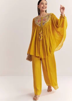 Yellow Chinon Kaftan Kurta Set With Zardosi And Thread Work