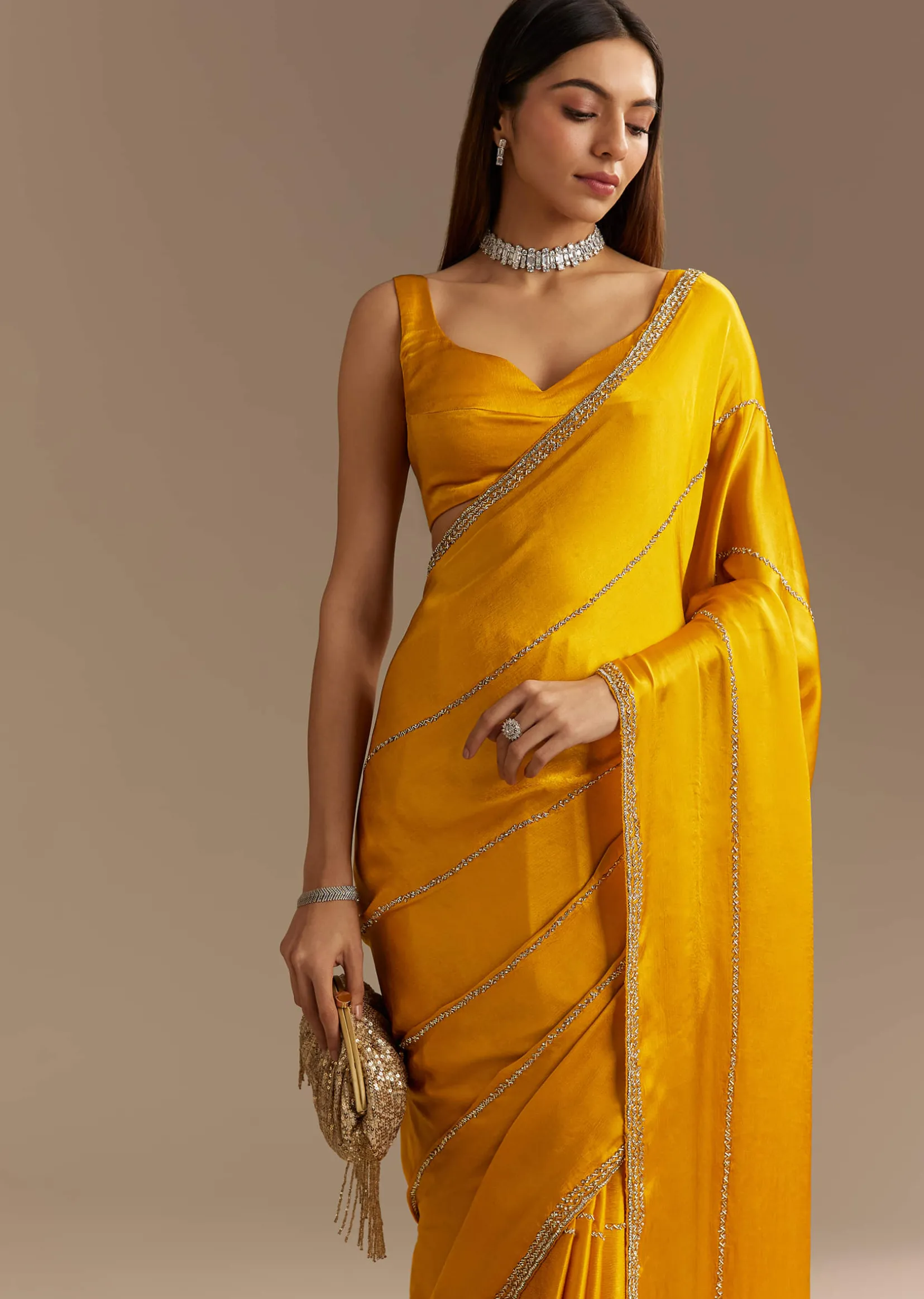 Yellow Chinon Saree With Cutdana Embroidery