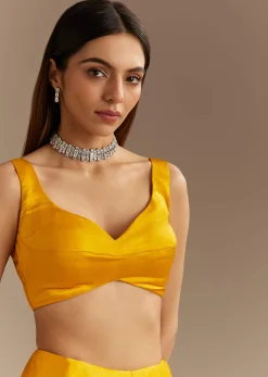 Yellow Chinon Saree With Cutdana Embroidery