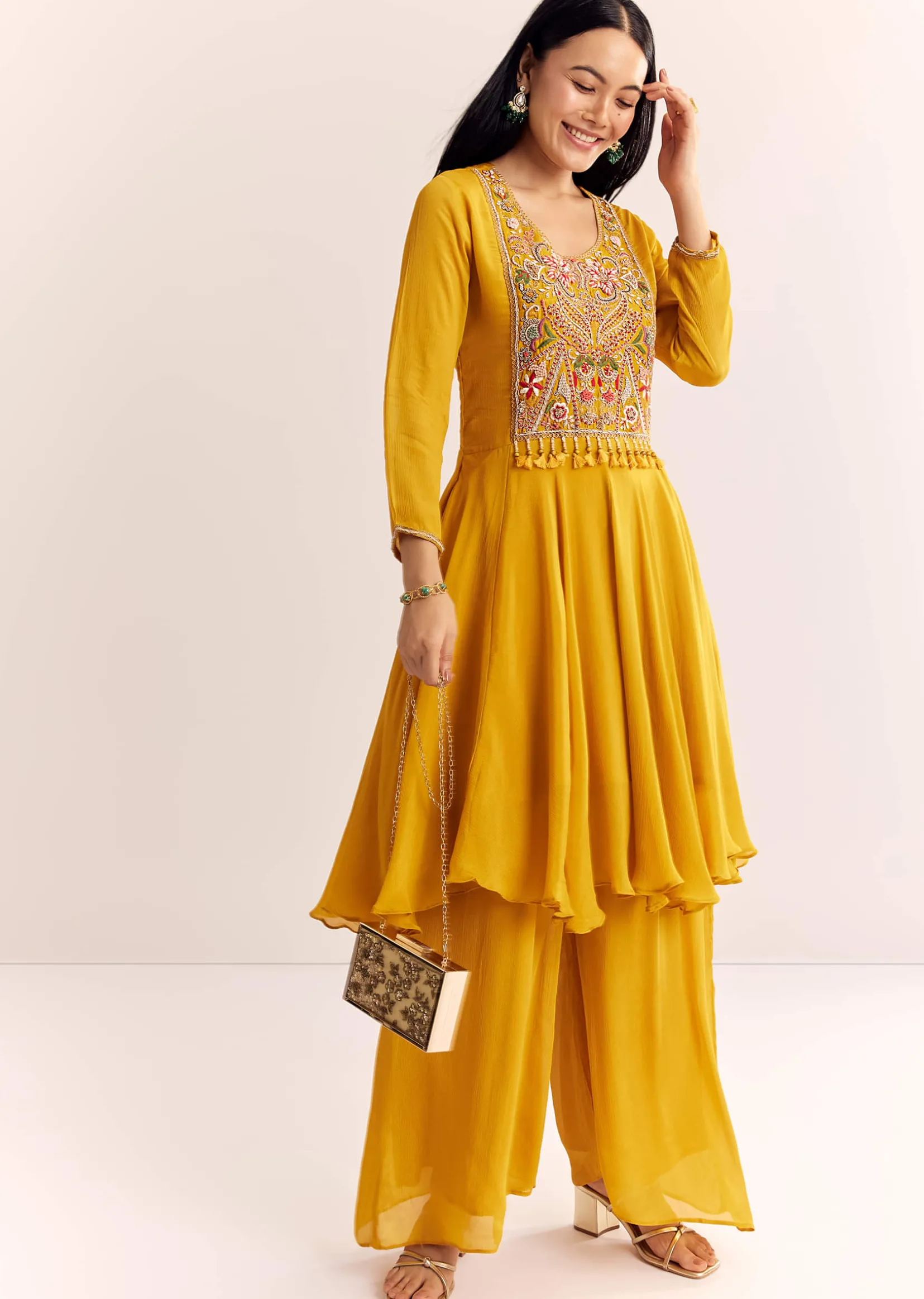 Yellow Chinon Zardosi Kurta Palazzo Suit