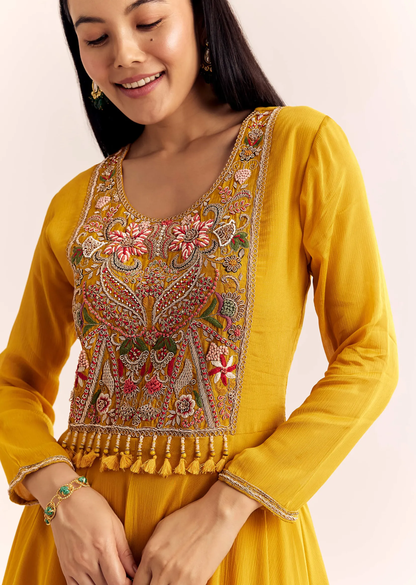 Yellow Chinon Zardosi Kurta Palazzo Suit
