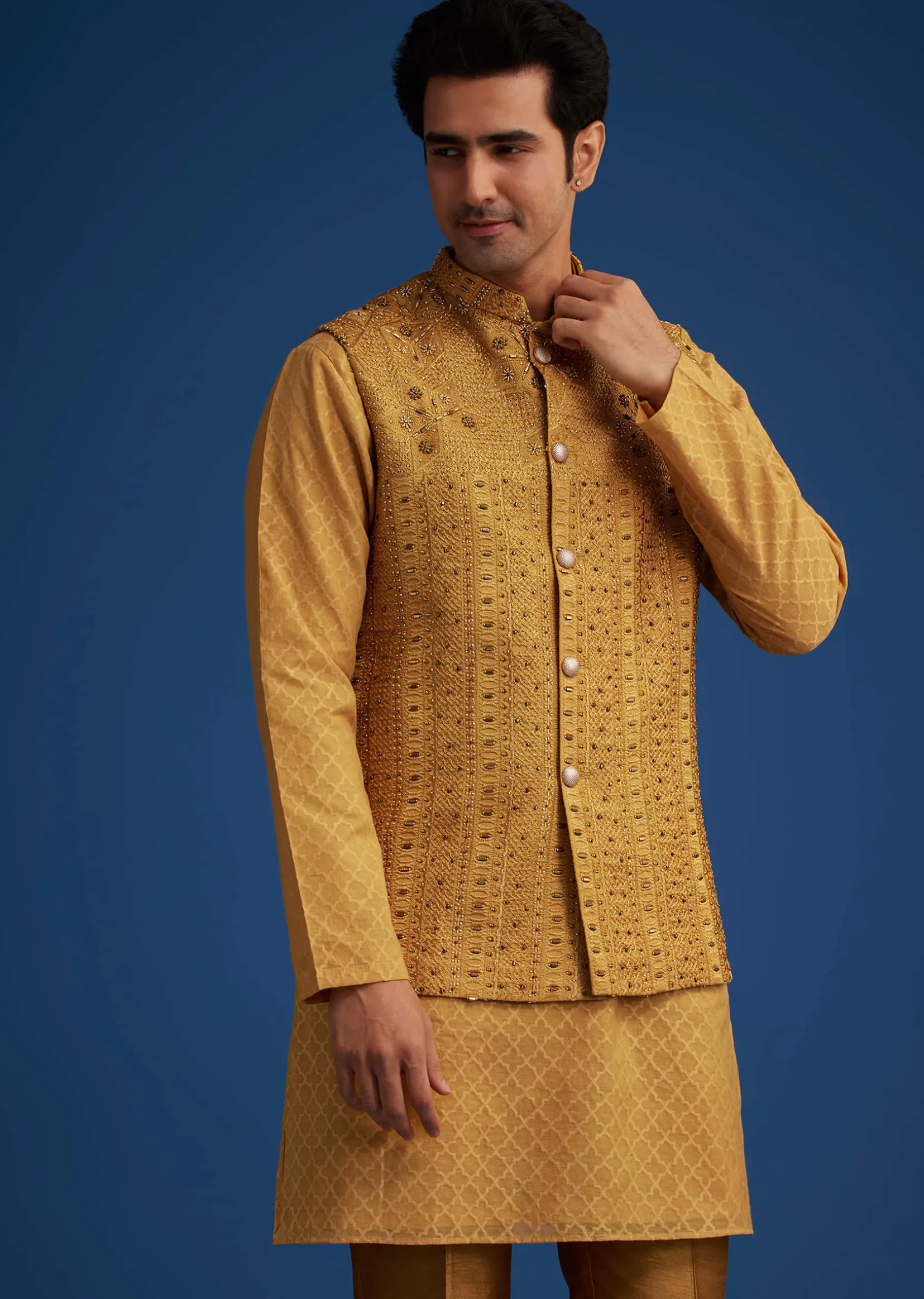 Yellow Cotton Linen Jacket With Stone And Thread Embroidery