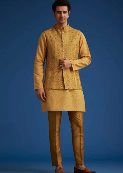 Yellow Cotton Linen Jacket With Stone And Thread Embroidery