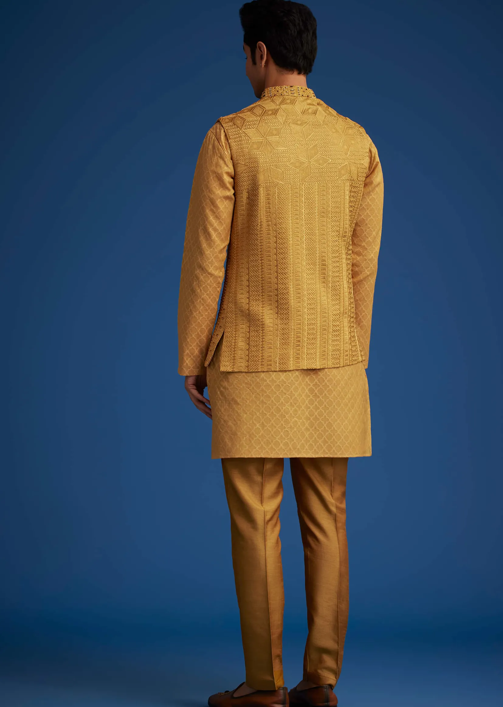 Yellow Cotton Linen Jacket With Stone And Thread Embroidery