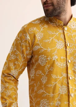 Yellow Cotton Silk Embroidered Kurta Set For Men