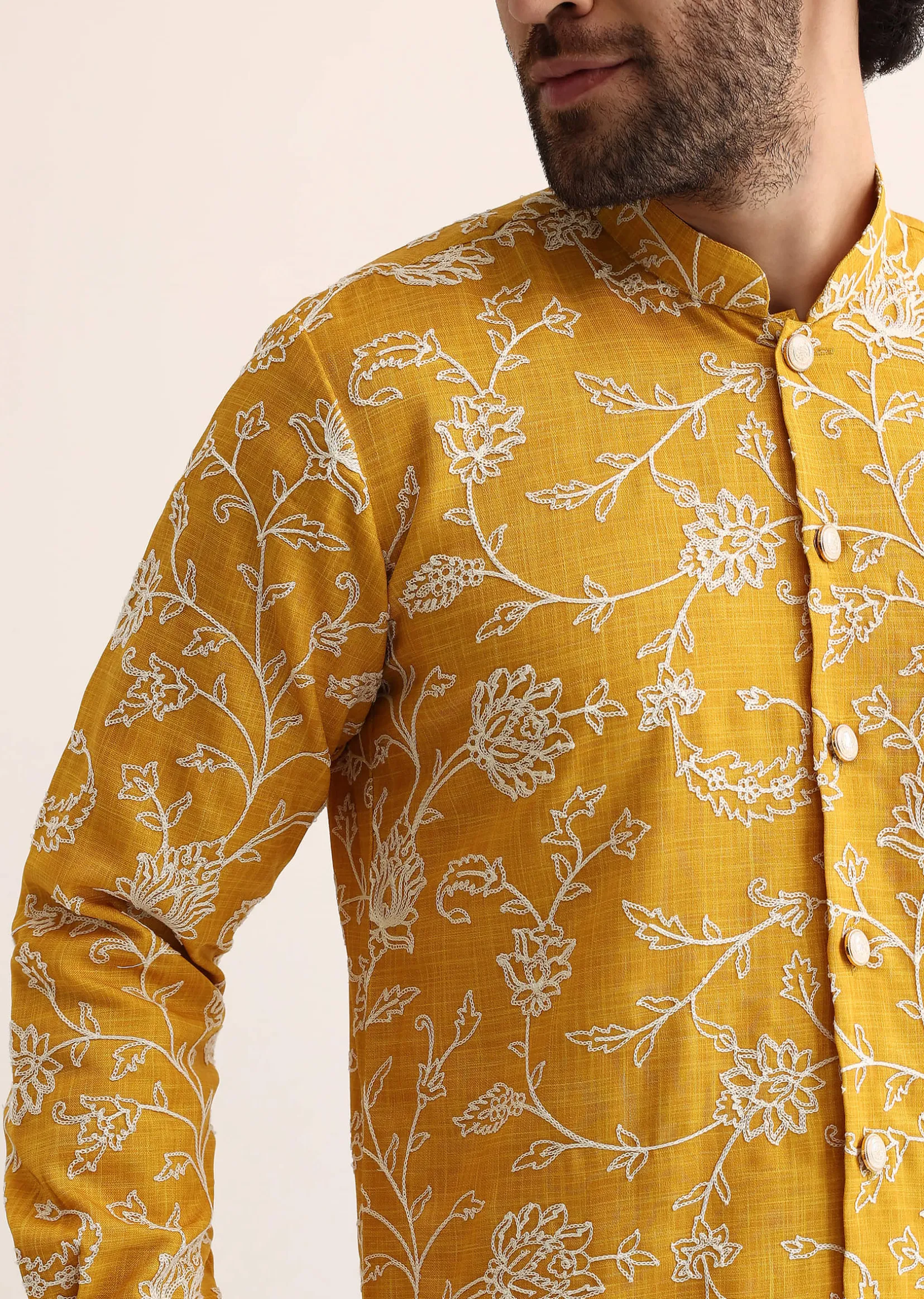 Yellow Cotton Silk Embroidered Kurta Set For Men