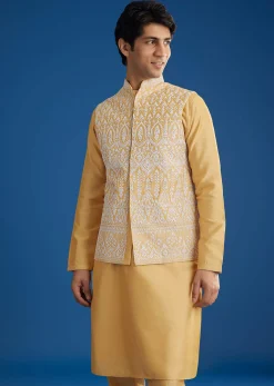 Yellow Cotton Silk Jacket Kurta Set With Threadwork