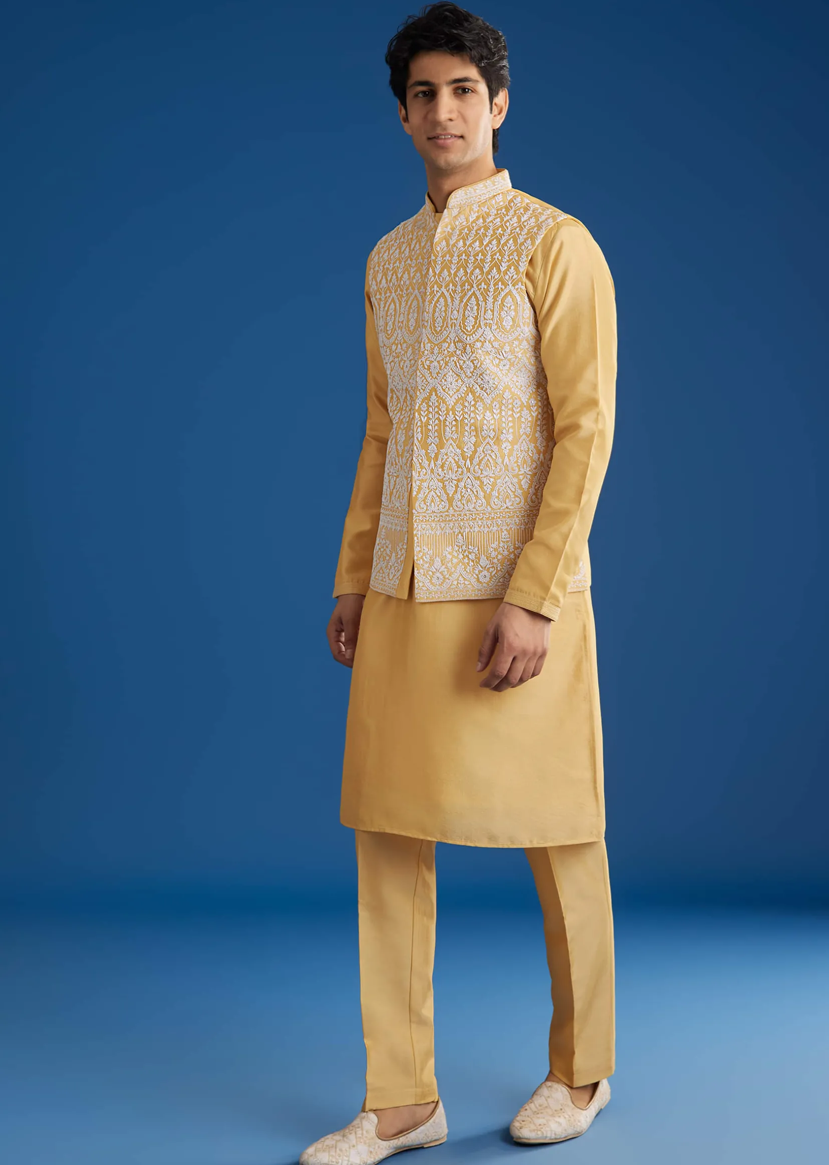 Yellow Cotton Silk Jacket Kurta Set With Threadwork