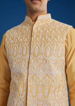 Yellow Cotton Silk Jacket Kurta Set With Threadwork